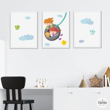 Pack of 3 children's prints - Boy and girl on the swing