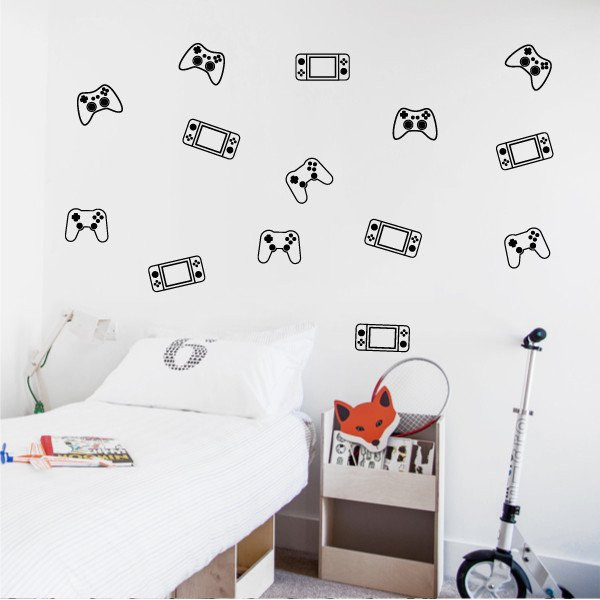 Idées de décoration gamer jeune | vinyle décoratif de jeux vidéo avec manettes et consoles