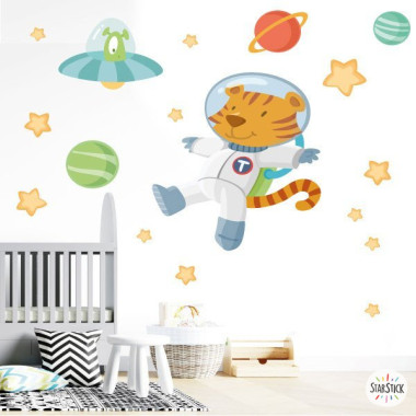 Sticker mural pour bébé Tigre astronaute et extraterrestre - Stickers muraux décoratifs originaux pour enfants