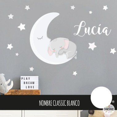 Children's stickers for babies - Elephant on the moon - Baby decoration Baby wall decals Approximate measurements of the mounted vinyl (width x height)
Basic: 70x50cm
Small: 100x55cm
Medium: 160x70cm
Large: 220x100cm
Giant: 335x160cm

ADD A NAME TO THE VINYL FROM €9.99
 vinilos infantiles y bebé Starstick