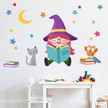 School decoration - Little witch reading - children's stickers for schools and libraries