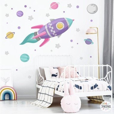 Vinilo infantil - Cohete en el espacio - Lila