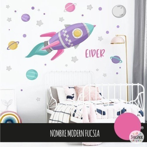 Vinilo infantil - Cohete en el espacio - Lila - Decoración habitaciones niñas