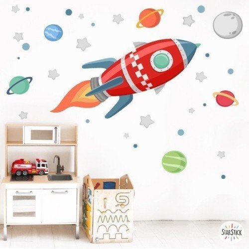 Vinilo infantil niño Cohete en el espacio - Rojo. Vinilos decorativos infantiles StarStick vinilos infantiles, niño, niña y bebé