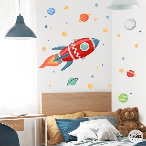 Vinilo infantil niño Cohete en el espacio - Rojo. Vinilos decorativos infantiles StarStick vinilos infantiles, niño, niña y bebé