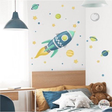 Kids wall sticker - Rocket in blue space - Girls room decoration