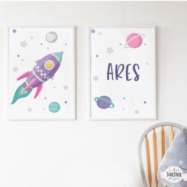 Pack of 2 decorative sheets - Lilac rocket in space