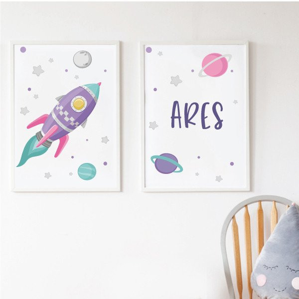 Pack of 2 decorative sheets - Lilac rocket in space