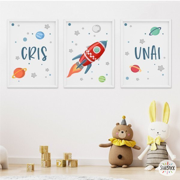 3 Children's Paintings - Rocket in Space - Decoration for Boys and Girls