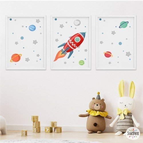Pack de 3 láminas infantiles - Cohete en el espacio