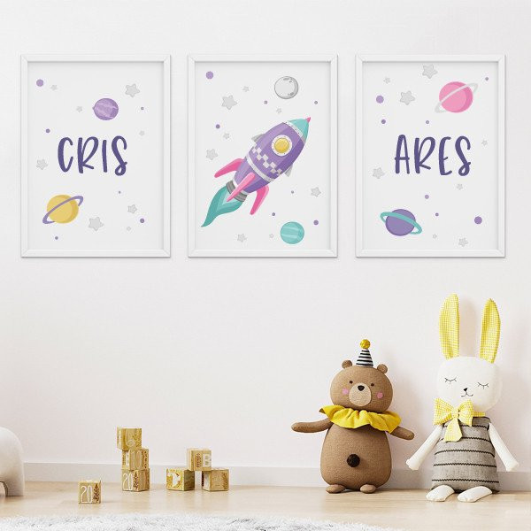 3 Children's Paintings - Rocket in Space - Decoration for Girls