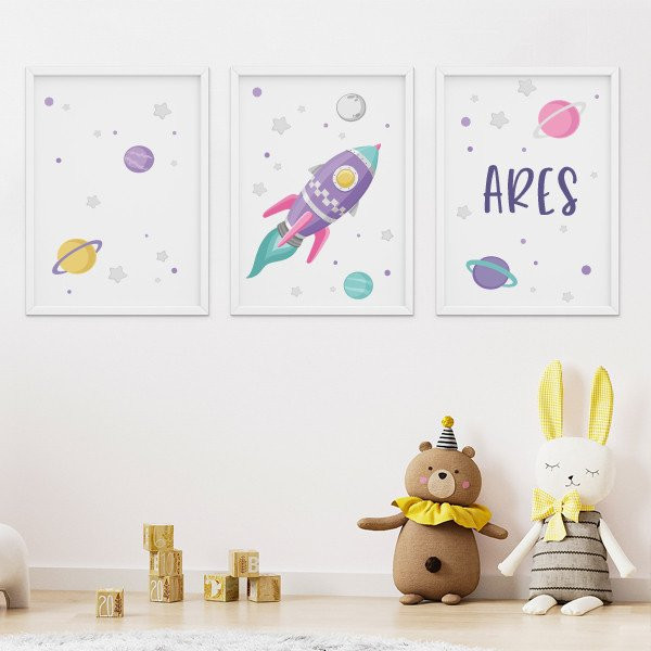 3 Children's Paintings - Rocket in Space - Decoration for Girls