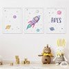 3 tableaux pour enfants. Fusée dans l'espace. Décoration pour filles