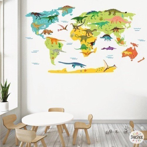 Mapa del món infantil amb dinosaures - Vinil decoratiu de paret
