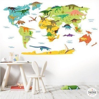 Carte du monde avec des dinosaures - Stickers muraux décoratifs