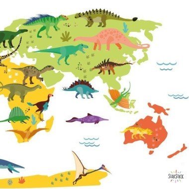 Mapa del mundo infantil con dinosaurios - Vinilos decorativos de pared Vinilos mapamundi Vinilo decorativo con un mapa del mundo lleno de dibujos de dinosaurios. 
Medidas aproximadas del vinilo montado (ancho x alto)
Pequeño: 80x45 cm
Mediano: 110x60 cm
Grande: 150x85 cm
Gigante: 200x110 cm
Súper Gigante: 250x140 cm
 vinilos infantiles y bebé Starstick