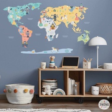 Children's world map princesses, princes and dragons - Wall stickers