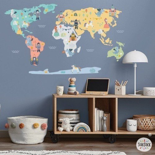 Carte du monde princesses, princes et dragons - Stickers muraux déco