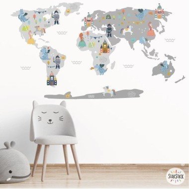 World map princesses, princes and dragons - Gray - Wall stickers