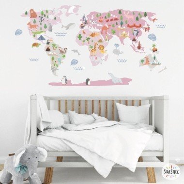 Carte du monde Happy World - Rose - Stickers muraux déco