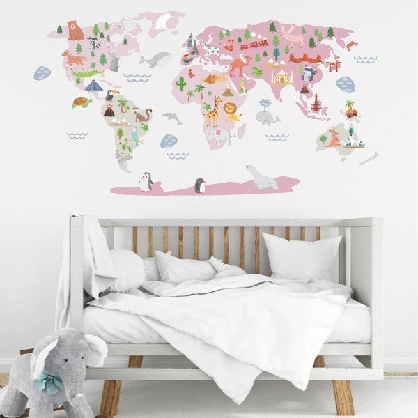 Mapamundi Món feliç - Rosa - Vinils decoratius de paret