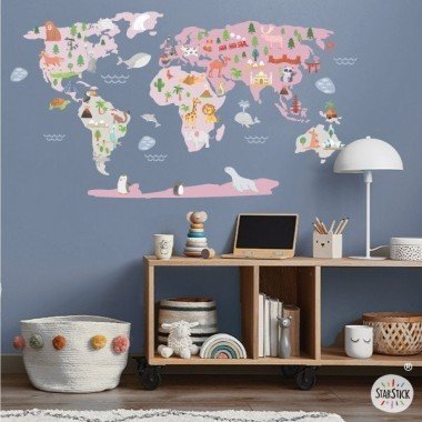 Carte du monde Happy World - Rose - Stickers muraux déco