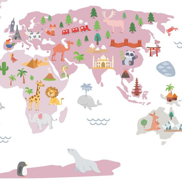 Carte du monde Happy World - Rose - Stickers muraux déco