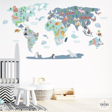 Carte du monde Happy World - Bleu - Stickers muraux déco