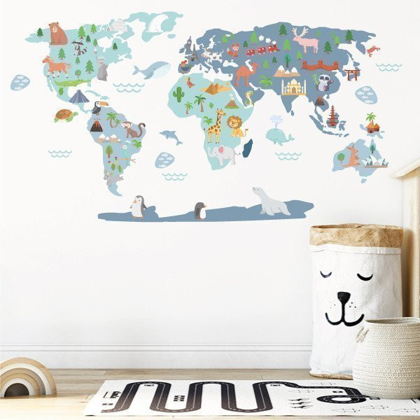 Carte du monde Happy World - Bleu - Stickers muraux déco