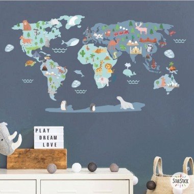 Mapamundi infantil Mundo feliz - Azul - Vinilos decorativos de pared