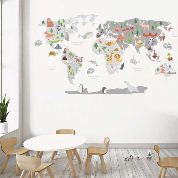Vinil infantil mapamundi Món Feliç gris amb animals, personatges i monuments per decorar habitacions de nadó i infantils