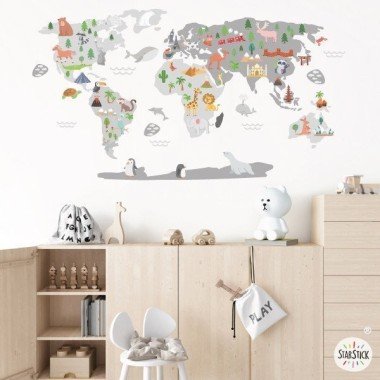 Mapamundi Món feliç - Gris - Vinils decoratius de paret