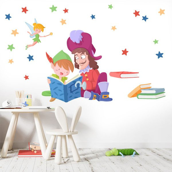 Vinil decoratiu - Peter Pan i Garfio llegint - Idees per decorar biblioteques