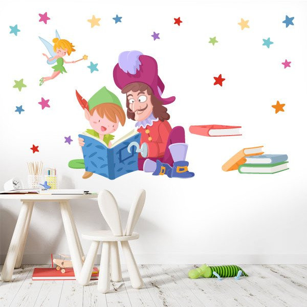 Vinilo decorativo - Peter Pan y Garfio leyendo - Ideas para decorar colegios y bibliotecas
