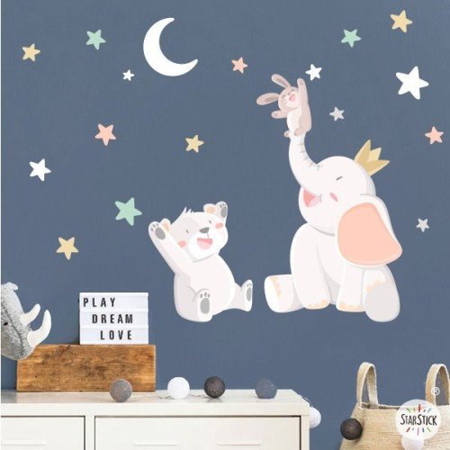 Stickers chambre bébé - Animaux touchant la lune - Couleurs pastel