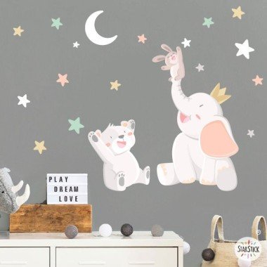 Vinilo infantil y bebé - Animales tocando la luna - Elefante y osito vinilo bebé, niño y niña infantil.