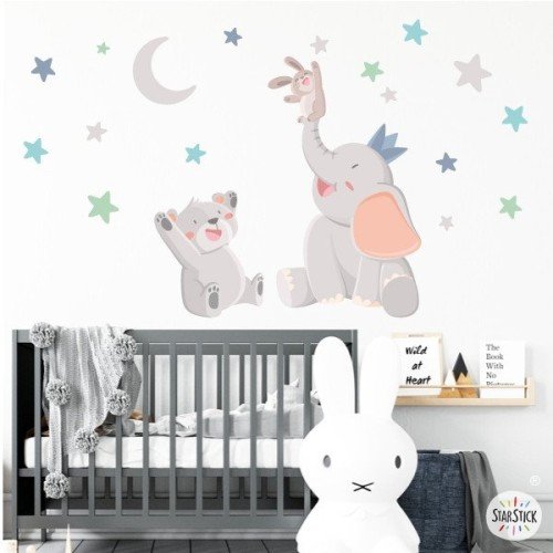 Stickers chambre bébé - Animaux touchant la lune - MENTHE ou ROSE