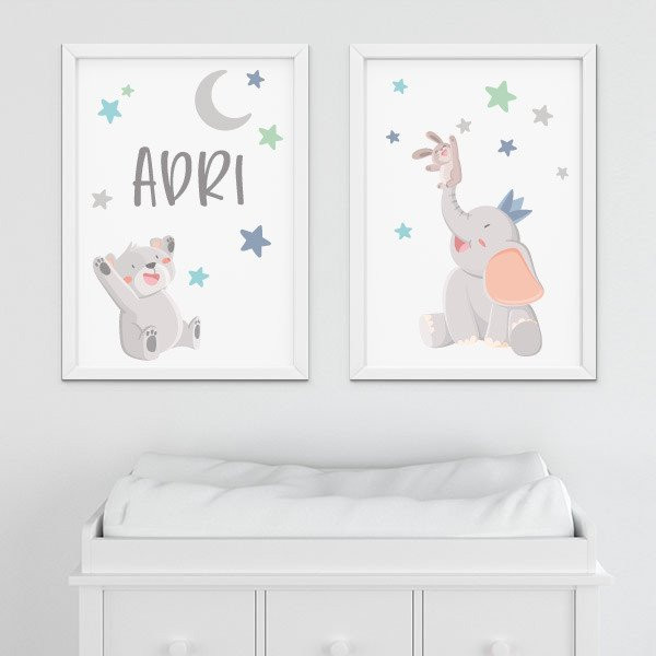 Pack de 2 quadres infantils - Animals tocant la lluna - Decoració infantil