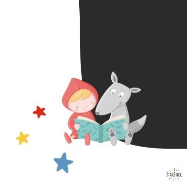 Children's blackboard wall sticker - Little Red Riding Hood and the wolf reading