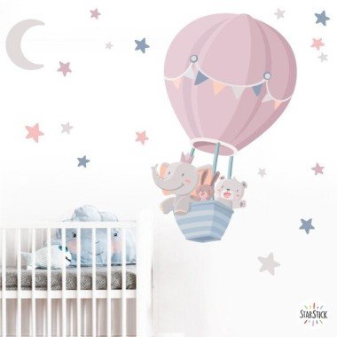 Vinilo infantil bebé niña. Animales volando en globo - Rosa con estrellas y luna. VInilo infantil para niña bebé