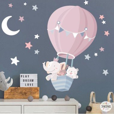 Vinilo infantil bebé niña. Animales volando en globo - Rosa con estrellas y luna. VInilo infantil para niña bebé