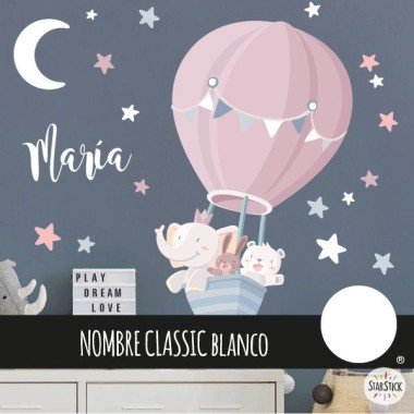 Children's vinyl baby girl. Animals flying in a balloon - Pink with stars and moon. Children's vinyl for baby girl