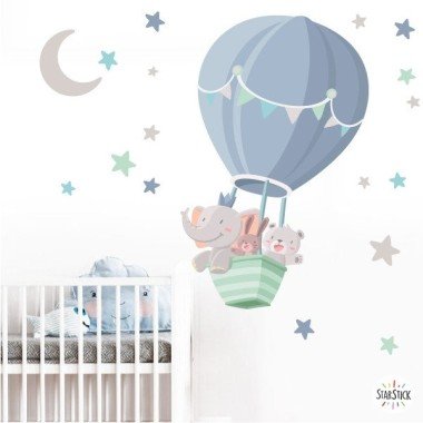 Vinilo bebé niño - Animales volando en globo - Mint - decoración bebé