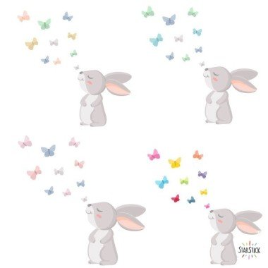 Sticker mural bébé - Lapin avec papillons