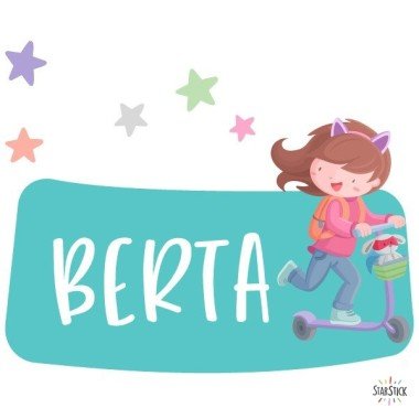 Personalized children's sticker with names - Girl with scooter and puppy