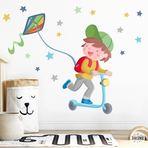 Kids wall sticker Boy with scooter and kite - Children's decoration