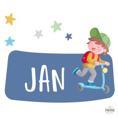 Sticker enfant personnalisé avec prénoms - Garçon avec scooter