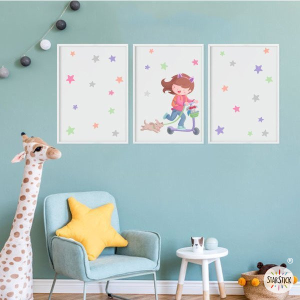 Pack of 3 children's paintings - Girl with scooter and puppy