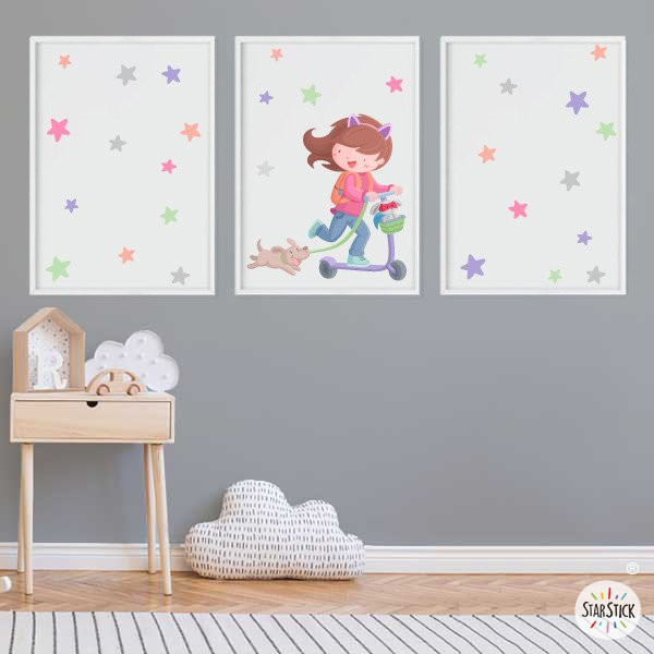 Pack de 3 cuadros infantiles - Niña con patinete y perrito