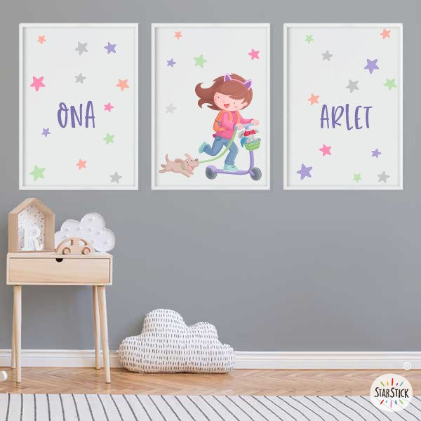 Pack de 3 cuadros infantiles - Niña con patinete y perrito